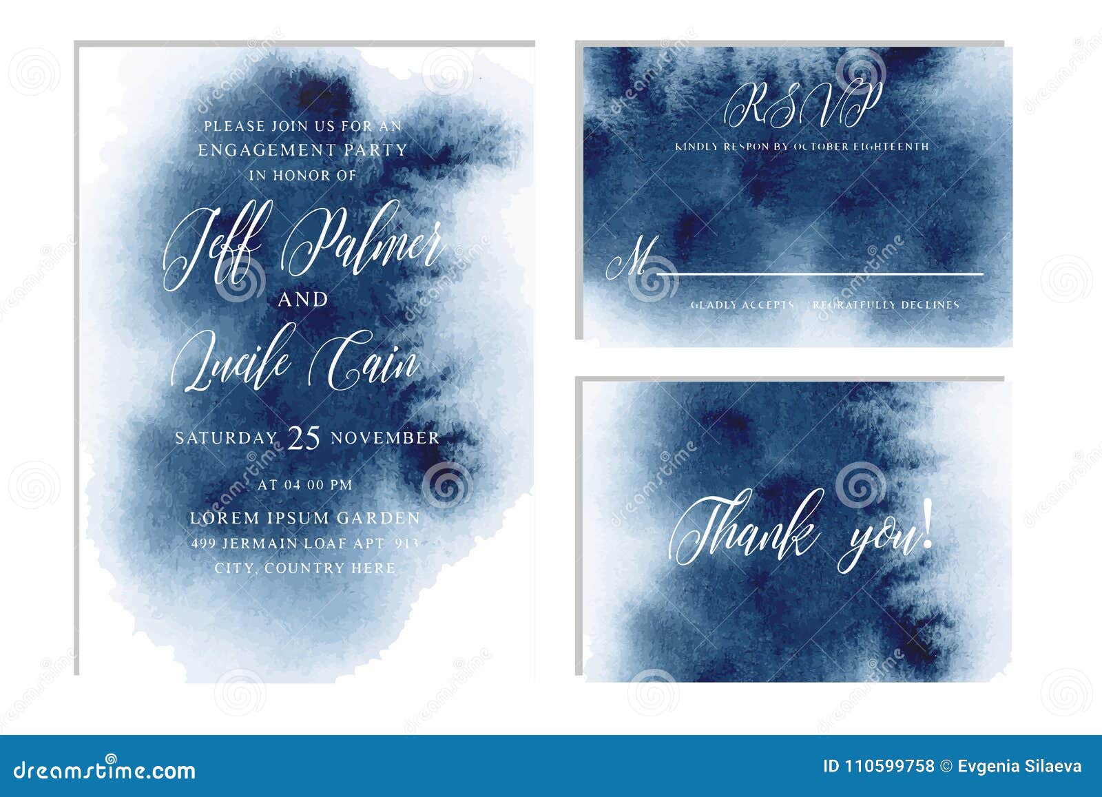 indigo, navy blue wedding set with hand drawn watercolor background. 