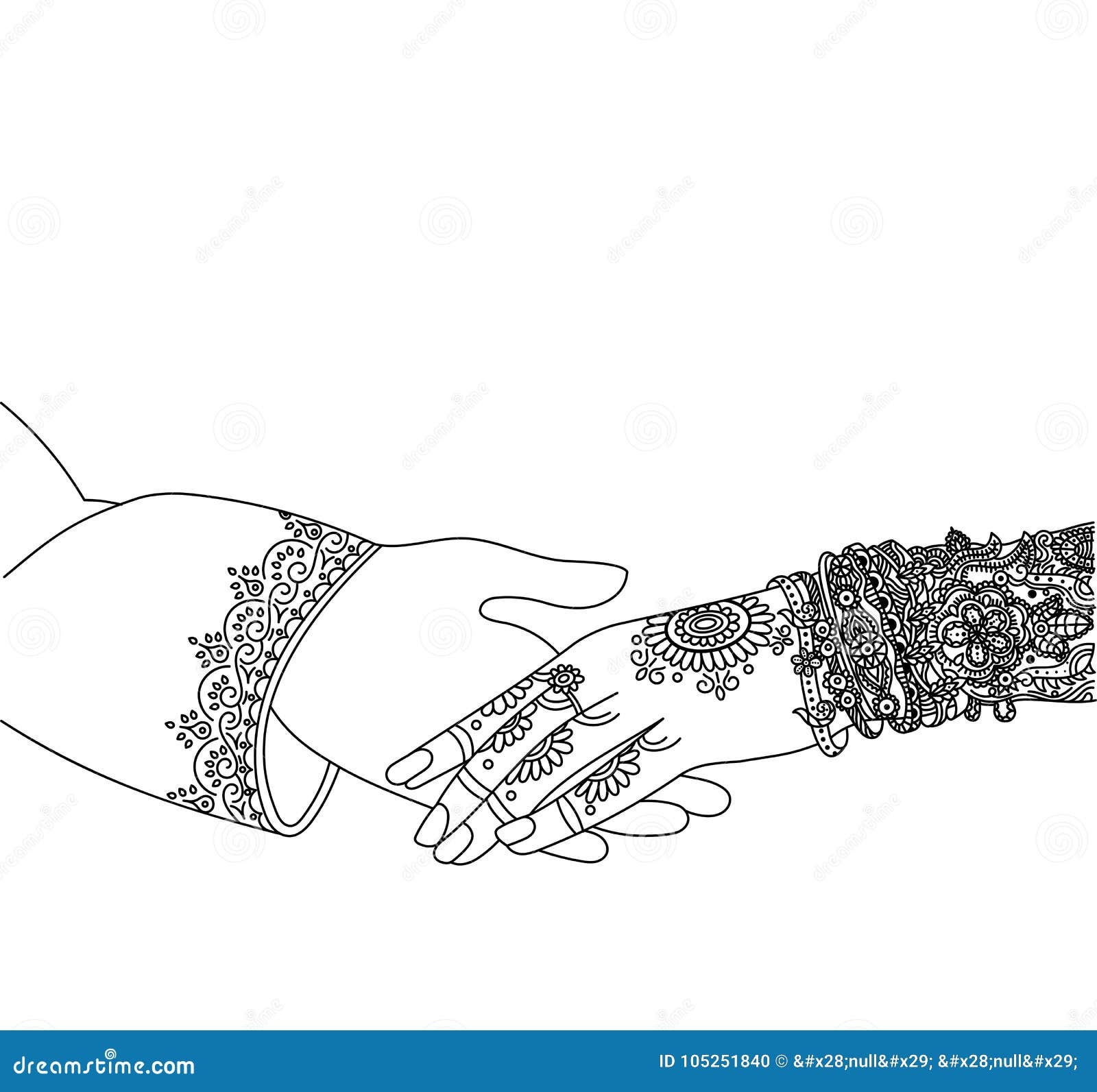 Indiskt inbjudankort för bröllop som isoleras på vit Indien förbindelsemall Beautifully dekorerad indisk brudhand. Närbild av den hållande brudhanden för brudgum Indisk brud med mehandi i hand i vektor