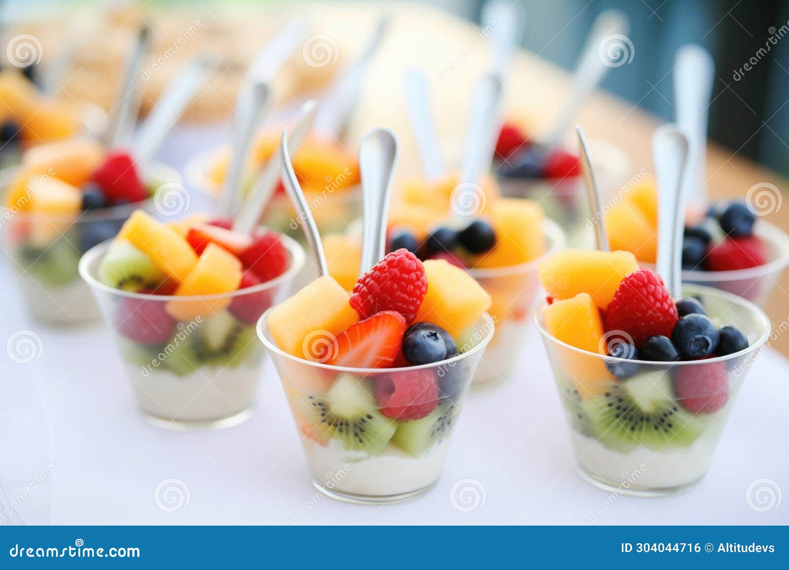 Individual Fruit Salad Cups with Forks at a Party Stock Photo Image