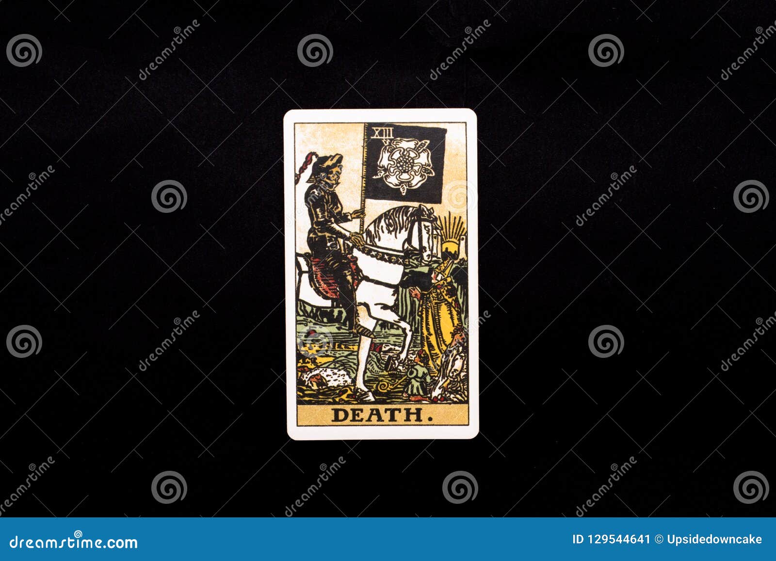 an individual major arcana tarot card  on black background. death.