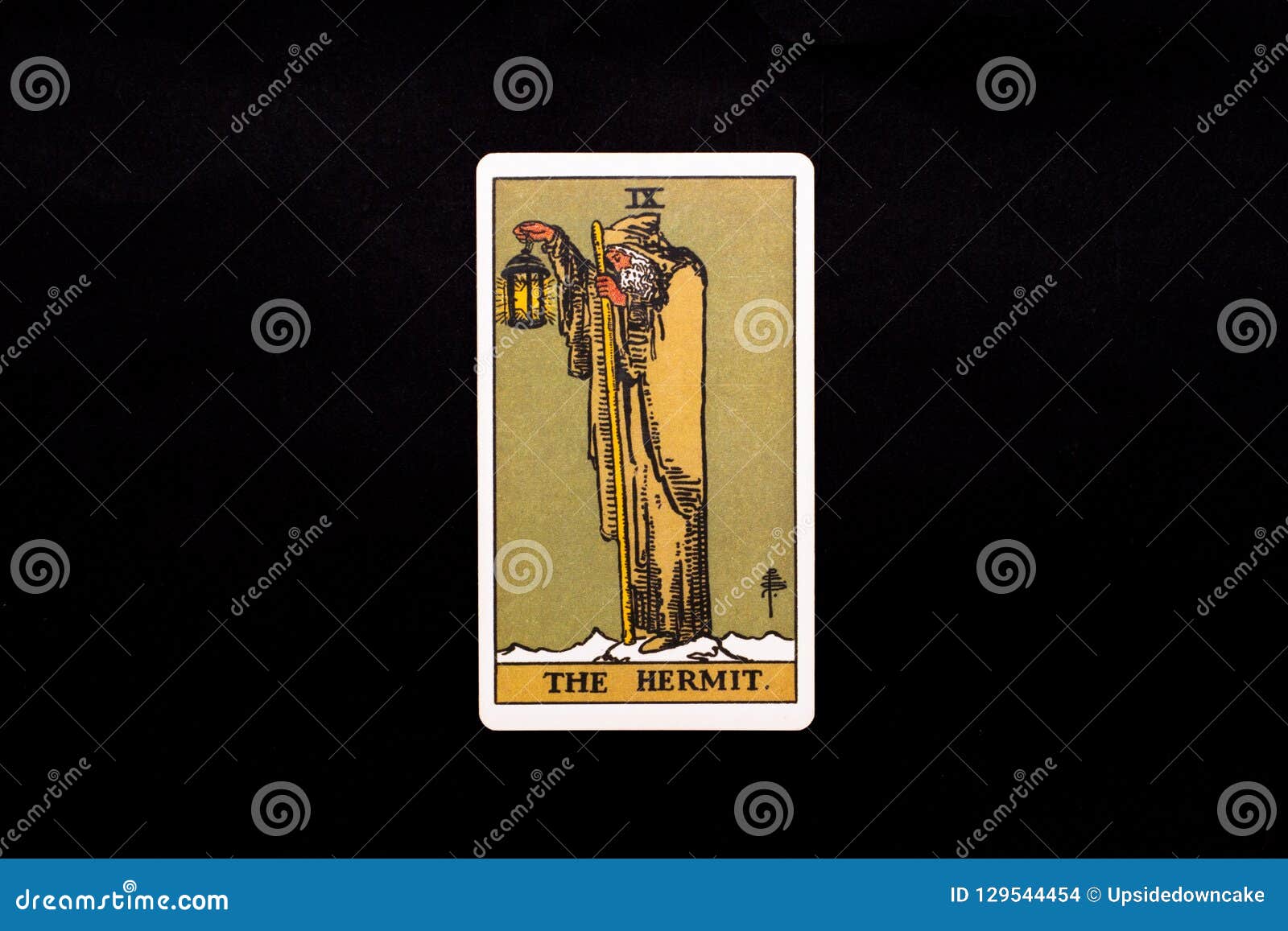 an individual major arcana tarot card  on black background. the hermit.
