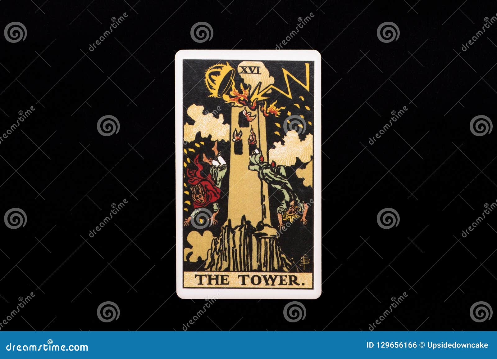 an individual major arcana tarot card  on black background. the tower.