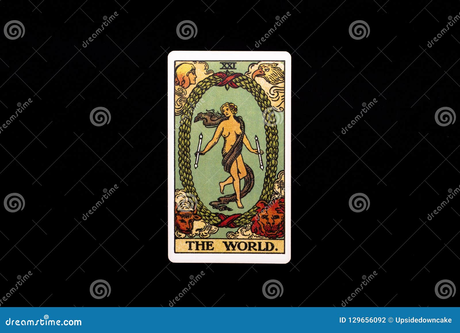 an individual major arcana tarot card  on black background. the world.