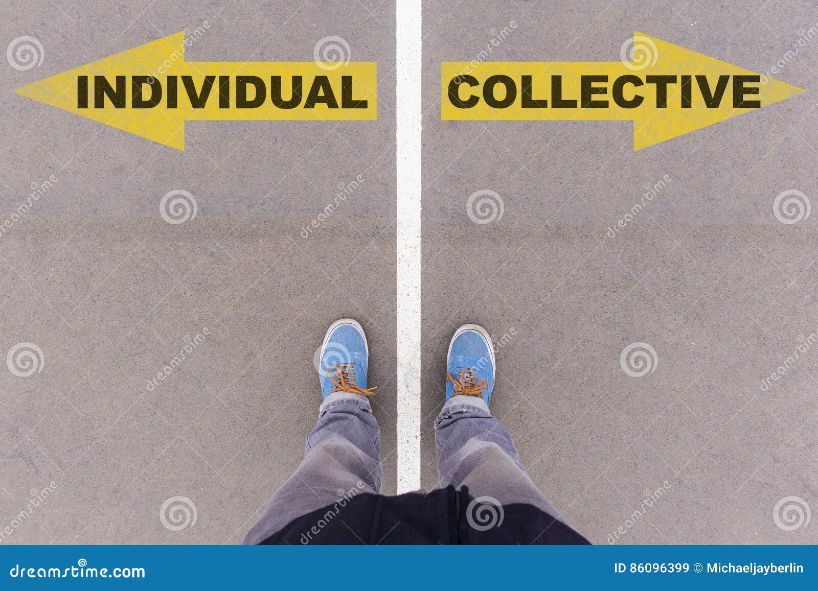 individual vs collective text arrows on asphalt ground, feet and