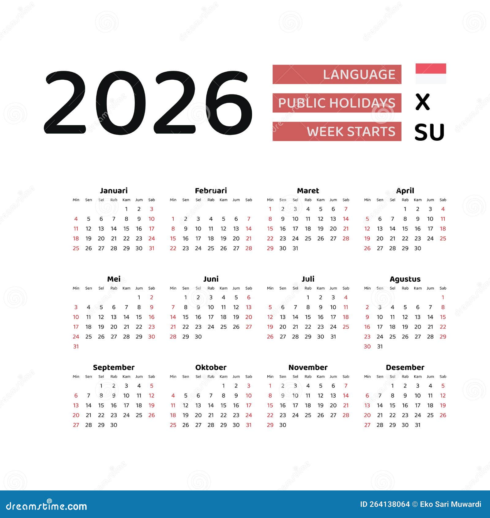 Indonesia Calendar 2026. Week Starts from Sunday. Vector Graphic Design ...
