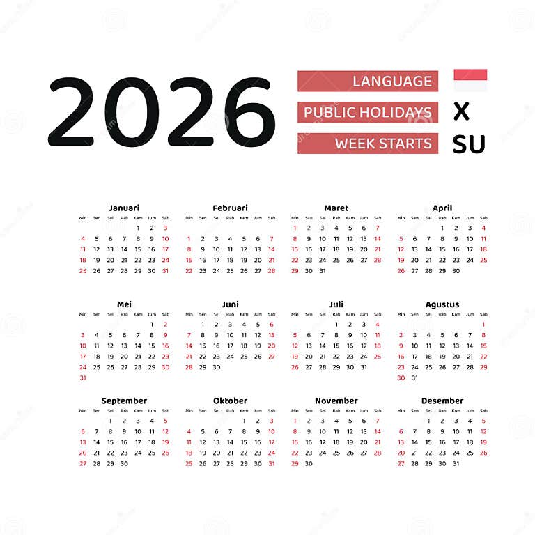 Indonesia Calendar 2026. Week Starts from Sunday. Vector Graphic Design Stock Vector 