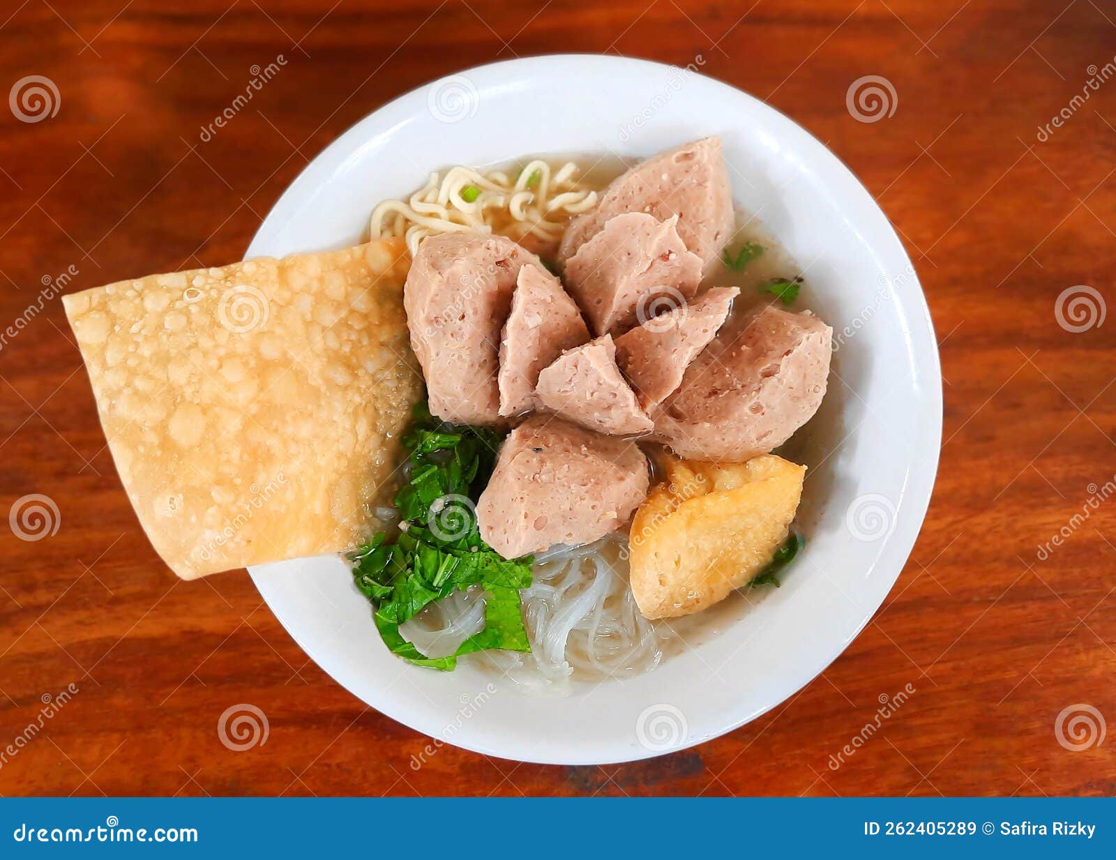 Indonesia Meatball Soup Stuffed with Beef Meat, Yellow Noodles