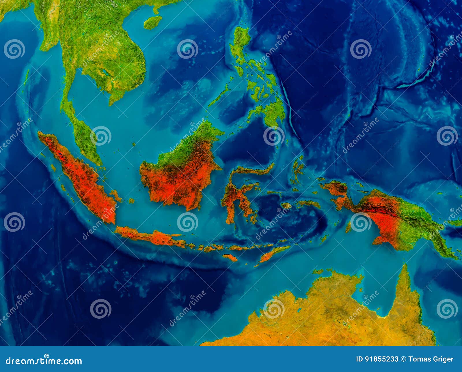 Indonesia on physical map stock illustration. Illustration of orbit