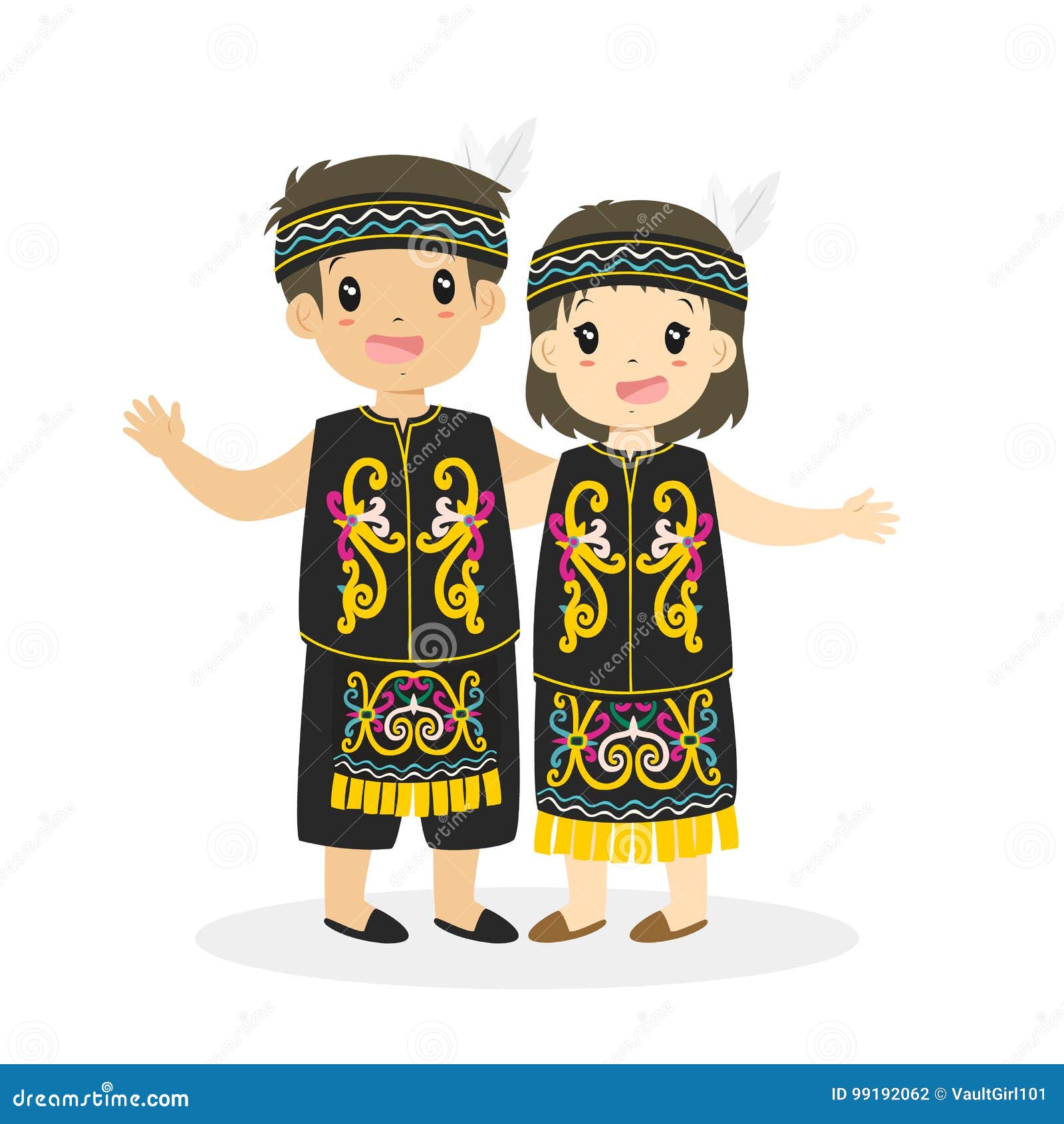 Kids In Dayak Traditional Dress Cartoon Vector Stock 