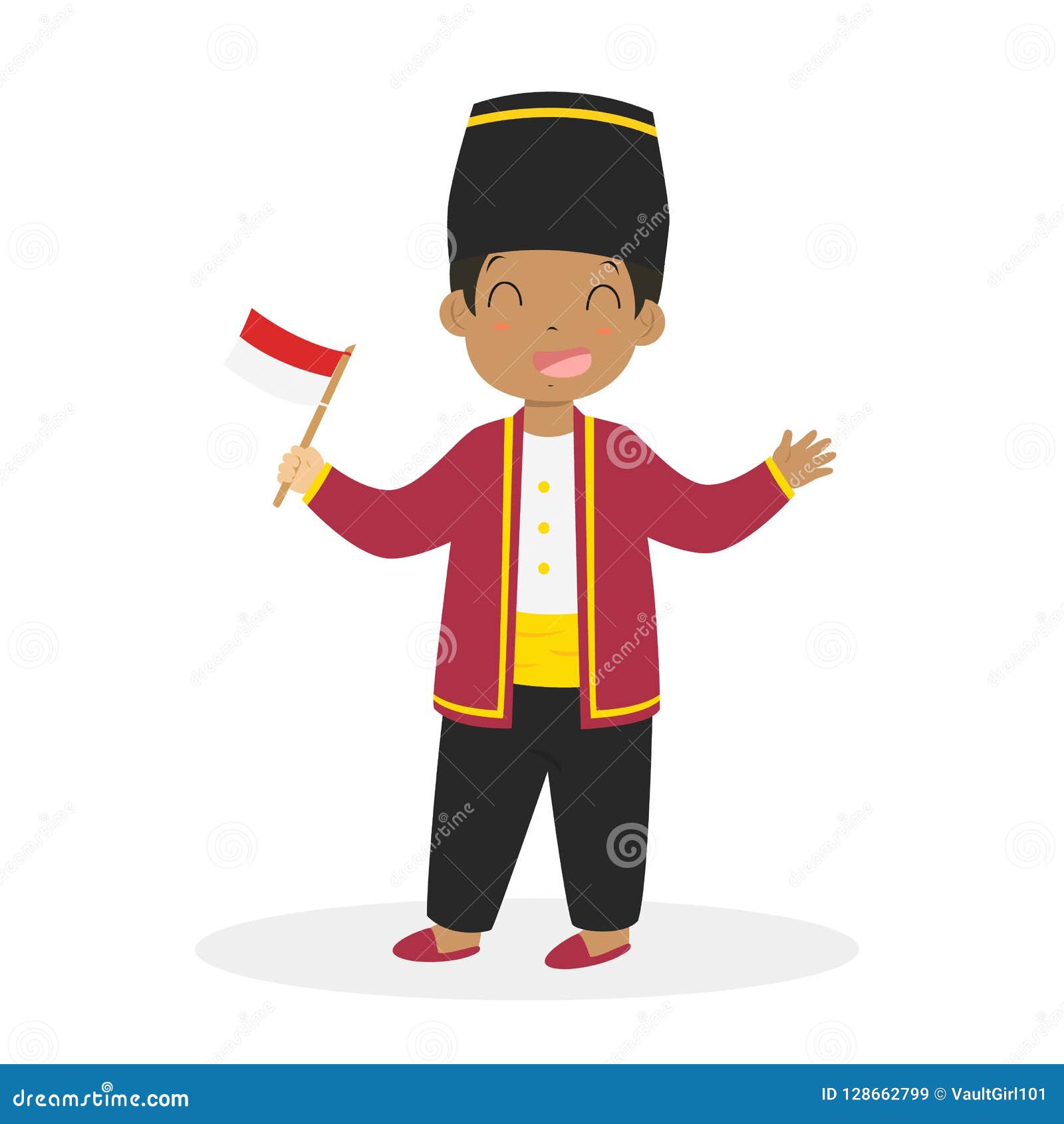 Happy Maluku Boy Holding Indonesian Flags Cartoon Vector