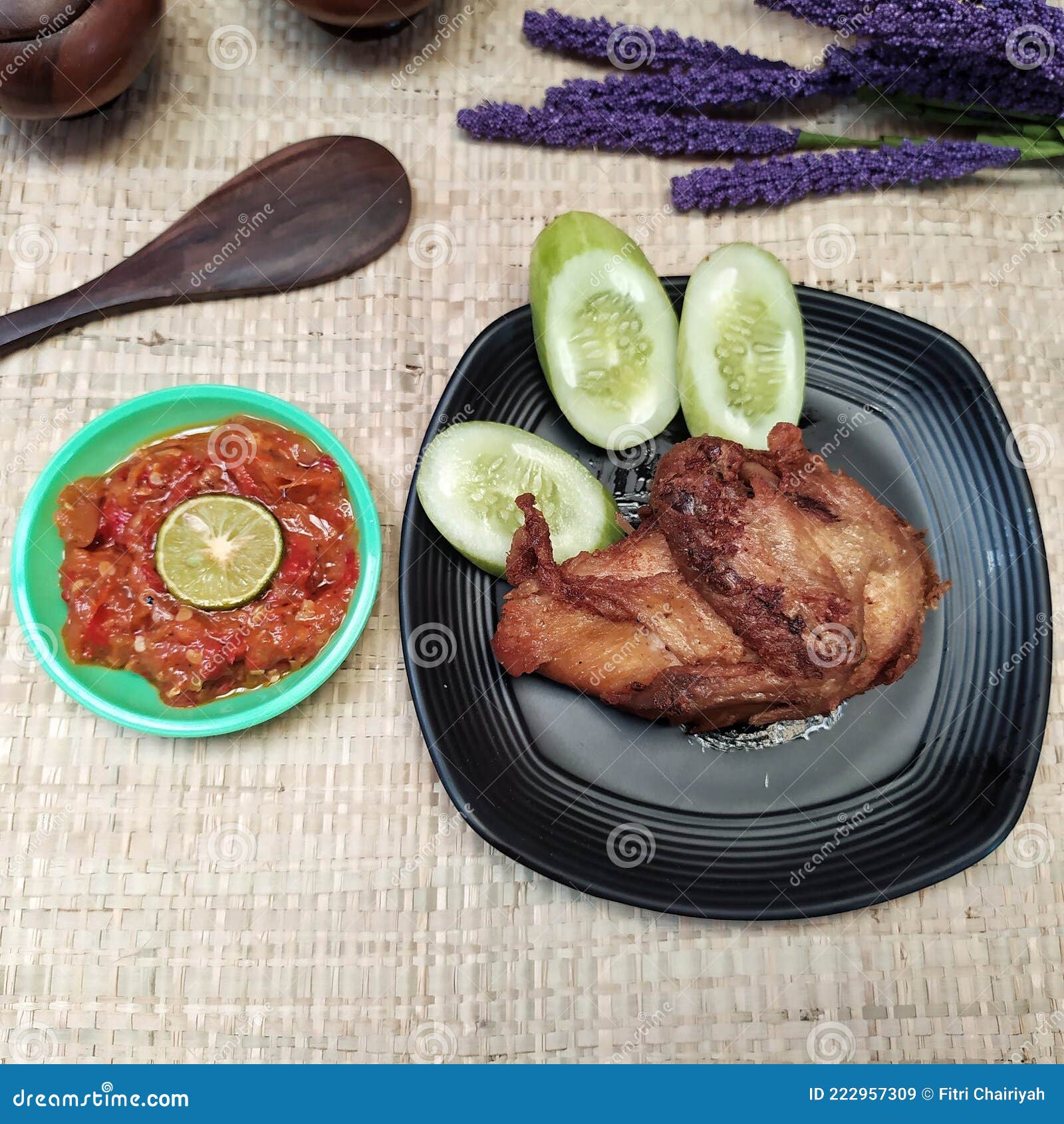 Indonesian Food Fried Chicken With Sambal And Fresh Vegetables Stock
