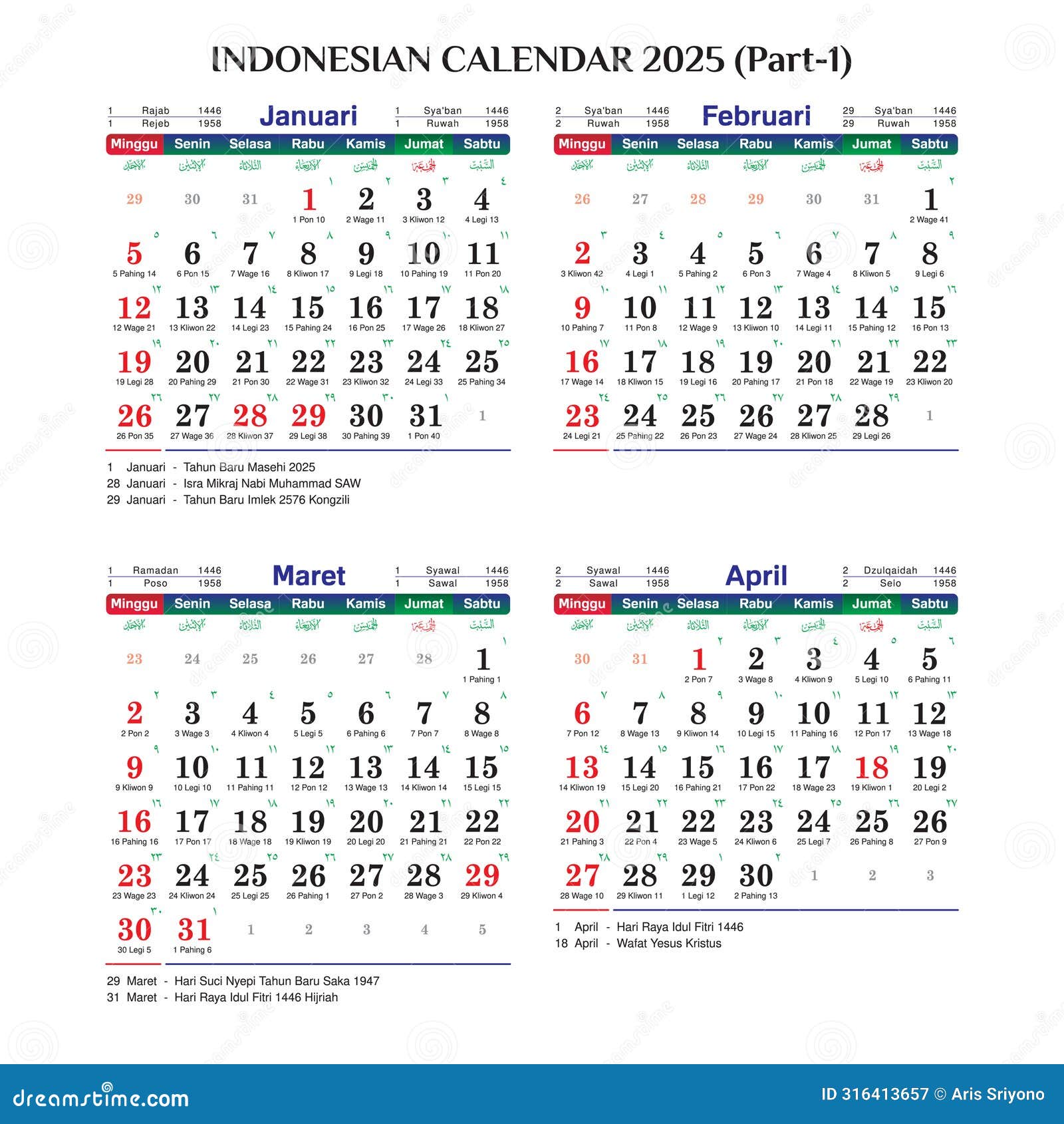 Indonesian Gregorian Calendar 2025 Part 1, January February March April