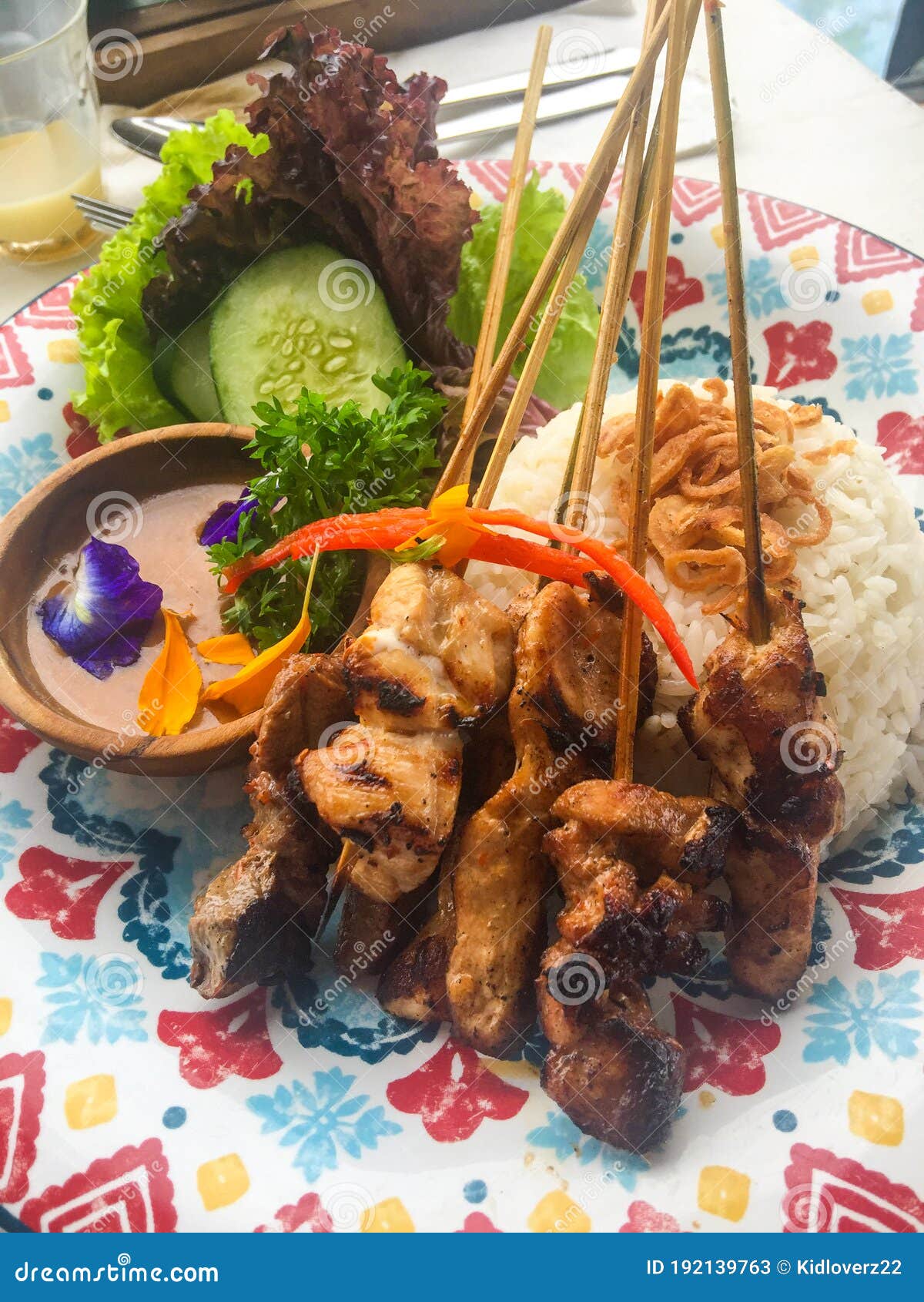 Indonesian Style Satay with Peanut Sauce, White Rice and Vegetable