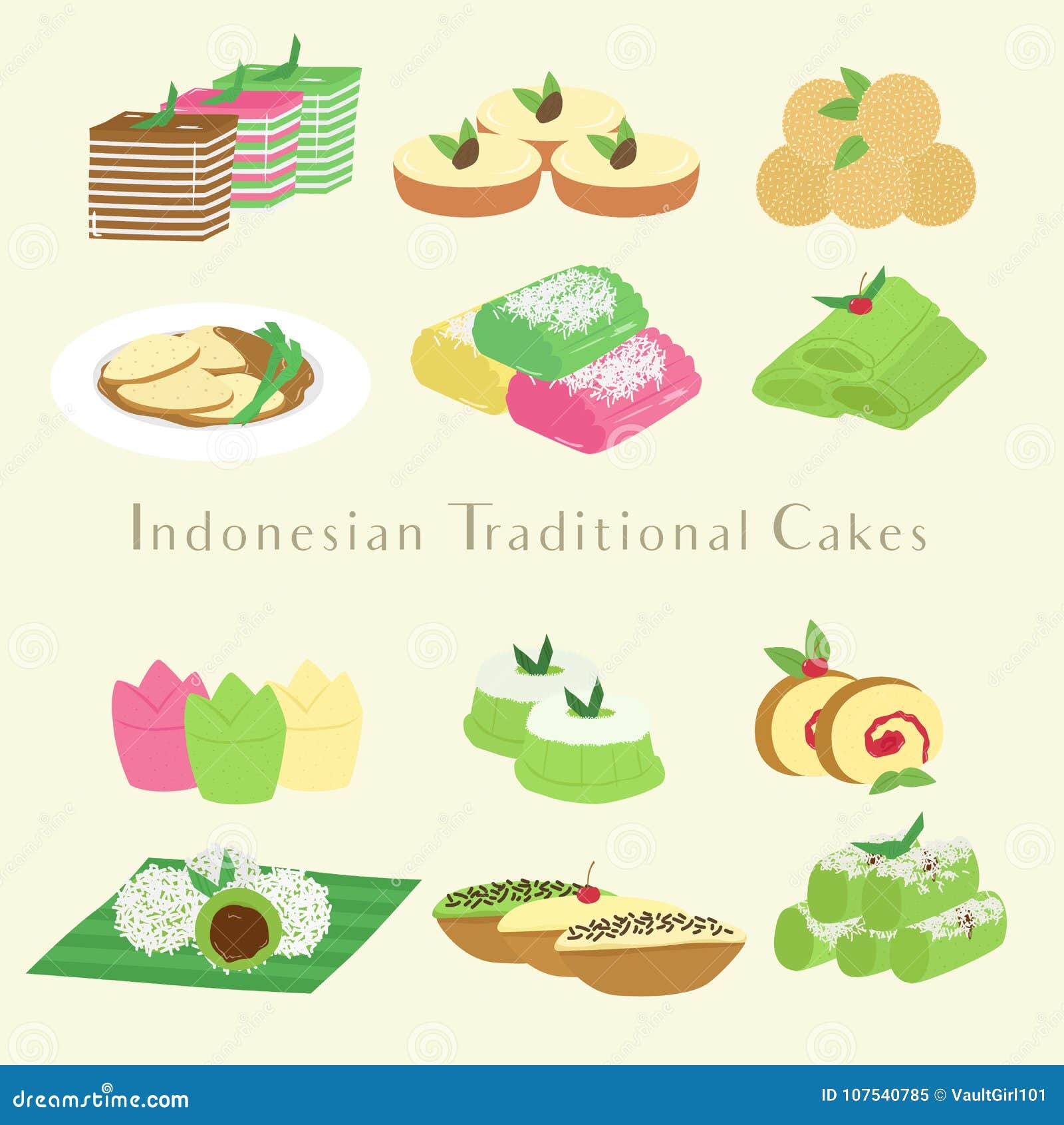 Indonesian Traditional Cakes And Snacks Cartoon Vector 