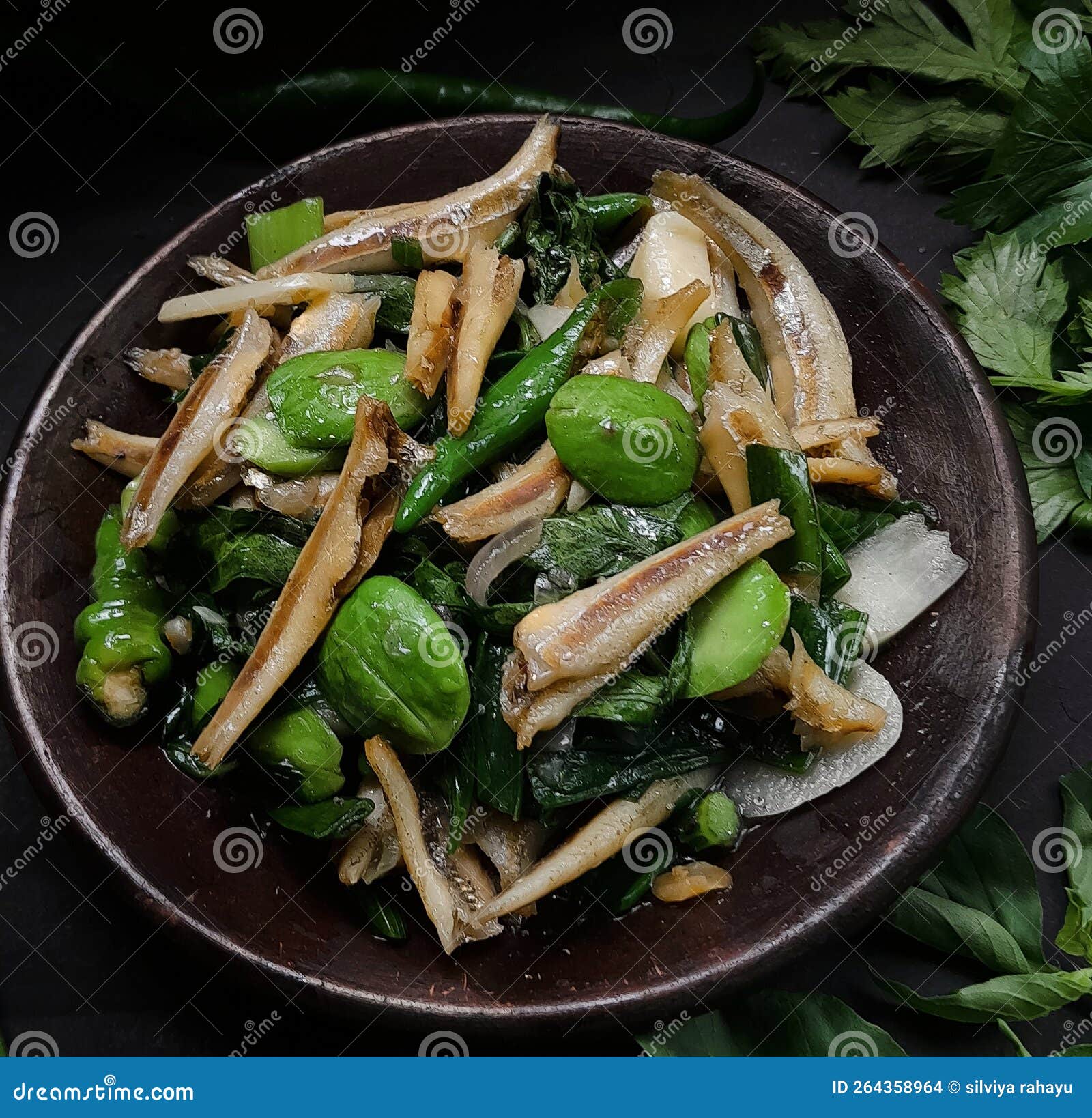 Indonesian Traditional Food, Stir-fried Anchovies with Sliced Green
