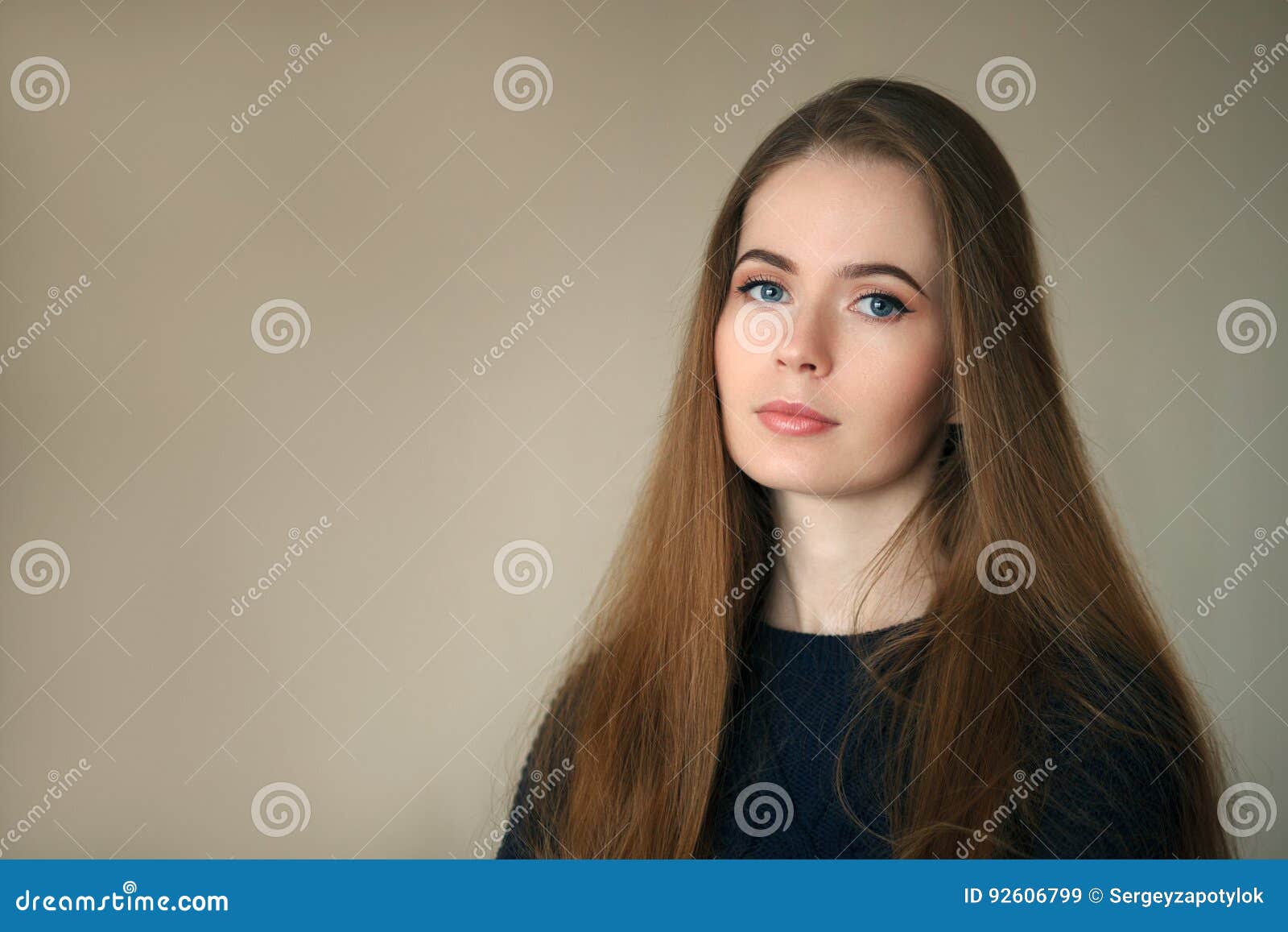 Indoor Headshot of Happy Natural Looking Beautiful Woman in Dark Blue ...