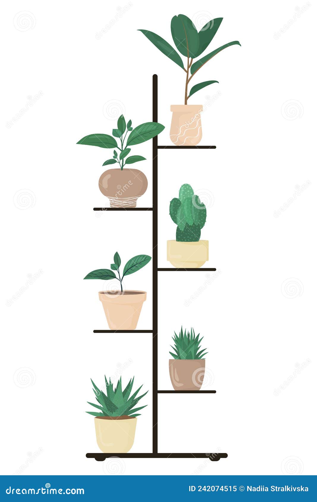 Indoor Plants on the Shelf, Hand Drawn Style, Green Potted Plants ...