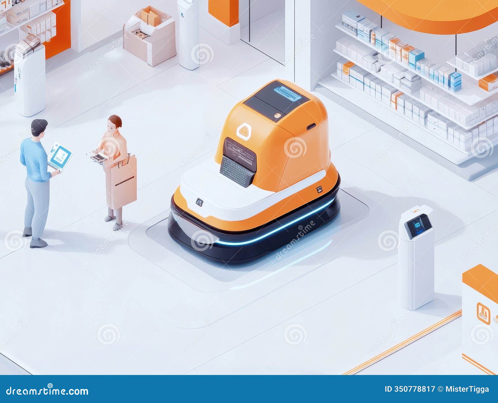 indoor retail setting with technology integration, featuring a yellow-gray robot for customer assistance or product
