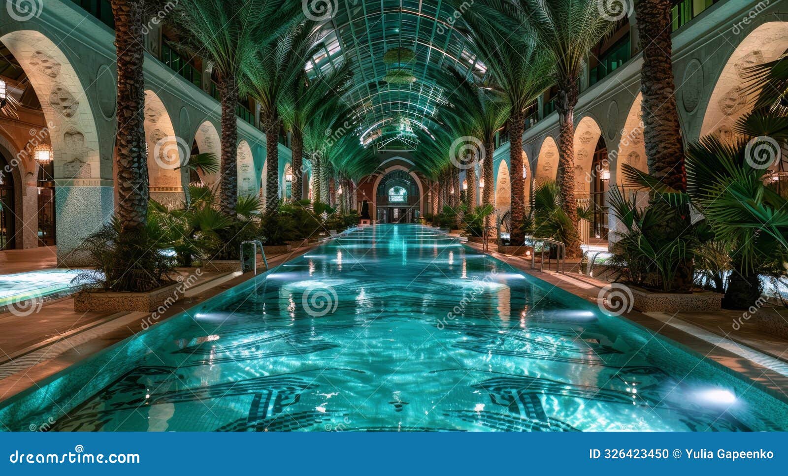indoor swimming pool with arched ceiling and palm trees