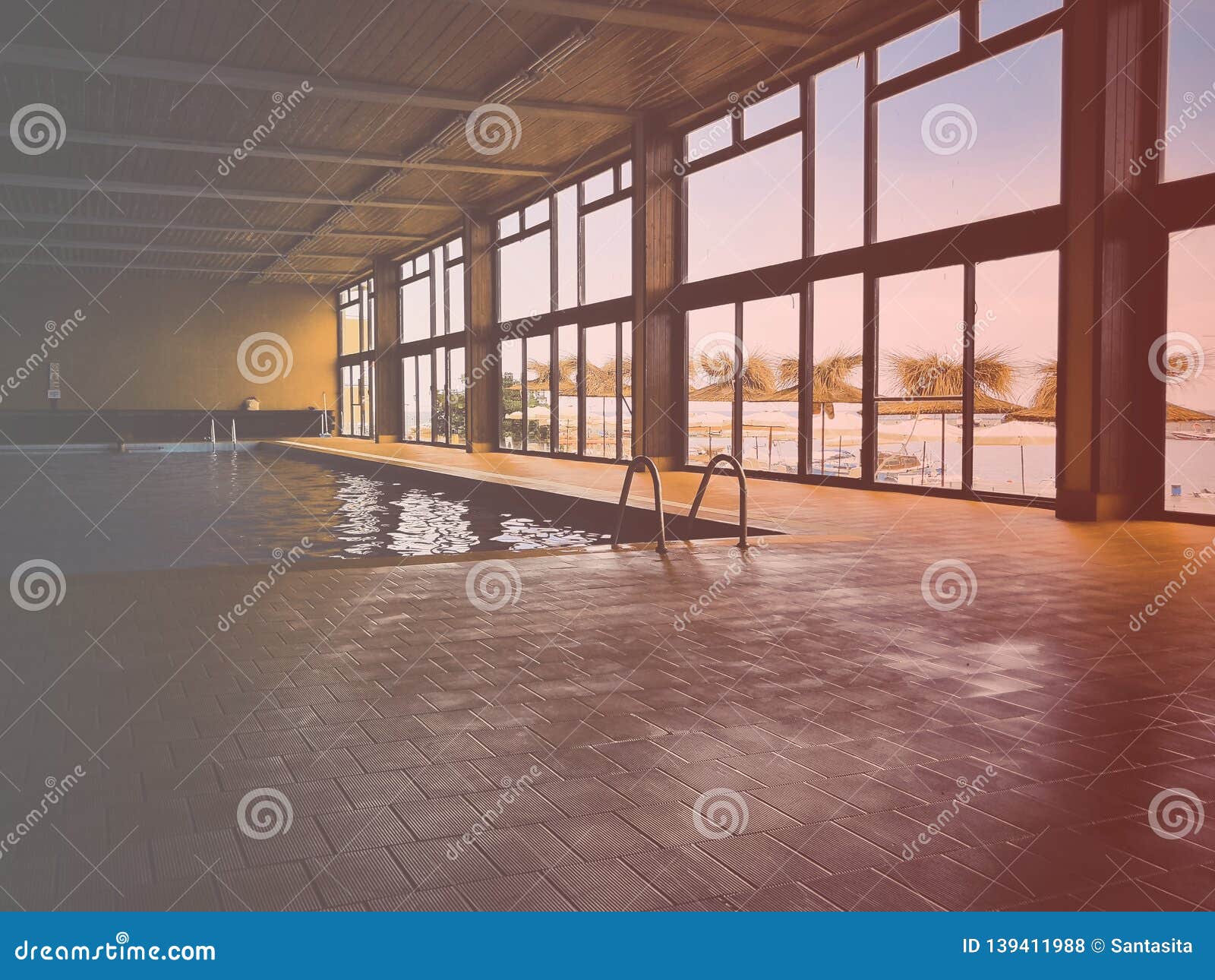 indoor swimming pool with palm trees and sea view
