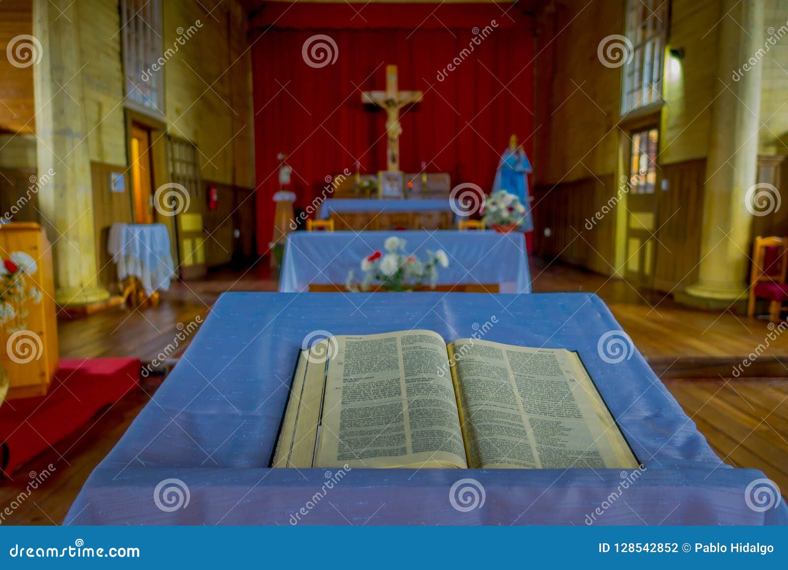 indoor view of wooden made church in chonchi, chiloe island in chile. nuestra senora del rosario