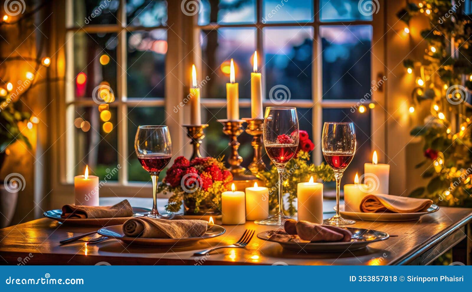 create an intimate evening elegant romantic dinner setting with soft candlelight exquisite table decor and wine glasses