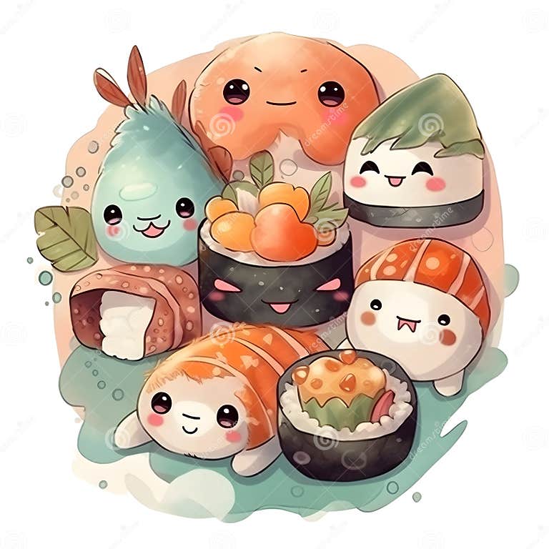 Cute and Colorful Kawaii Sushi Set a Delightful Watercolor Feast for ...