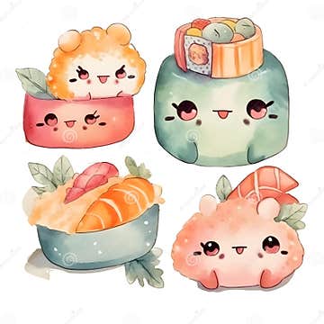 Cute and Colorful Kawaii Sushi Set a Delightful Watercolor Feast for ...