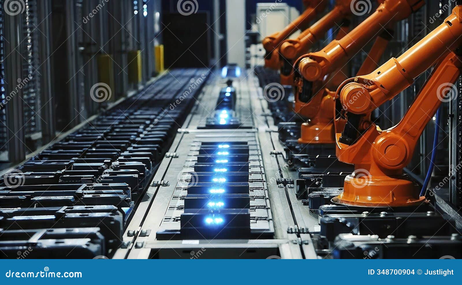 an industrial assembly line featuring hydrogenpowered robotic arms expertly assembling components highlighted by glowing