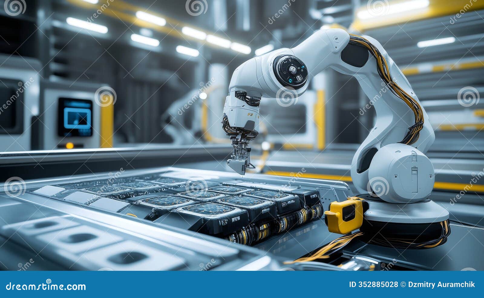 industrial automation is demonstrated by a close-up of a robotic arm assembling electronics on the factory floor