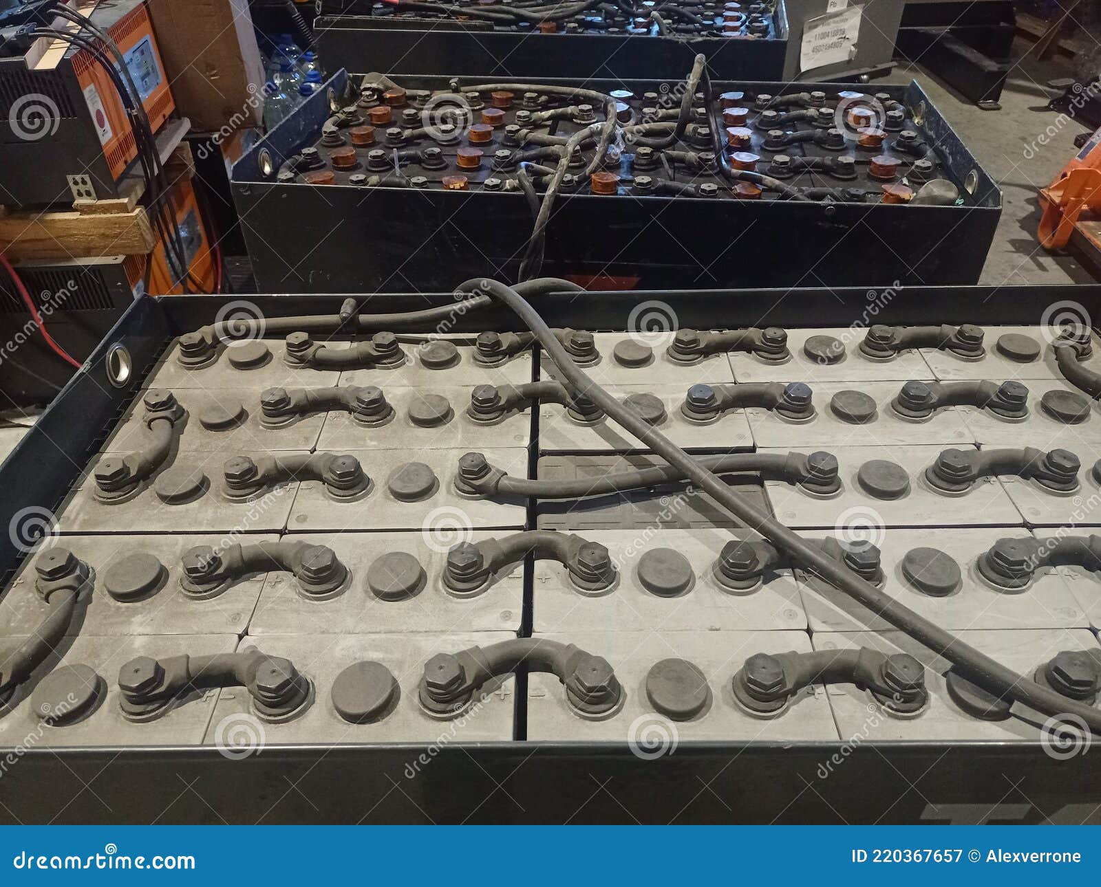 Industrial Battery Charging Process. Electric Forklift Battery on