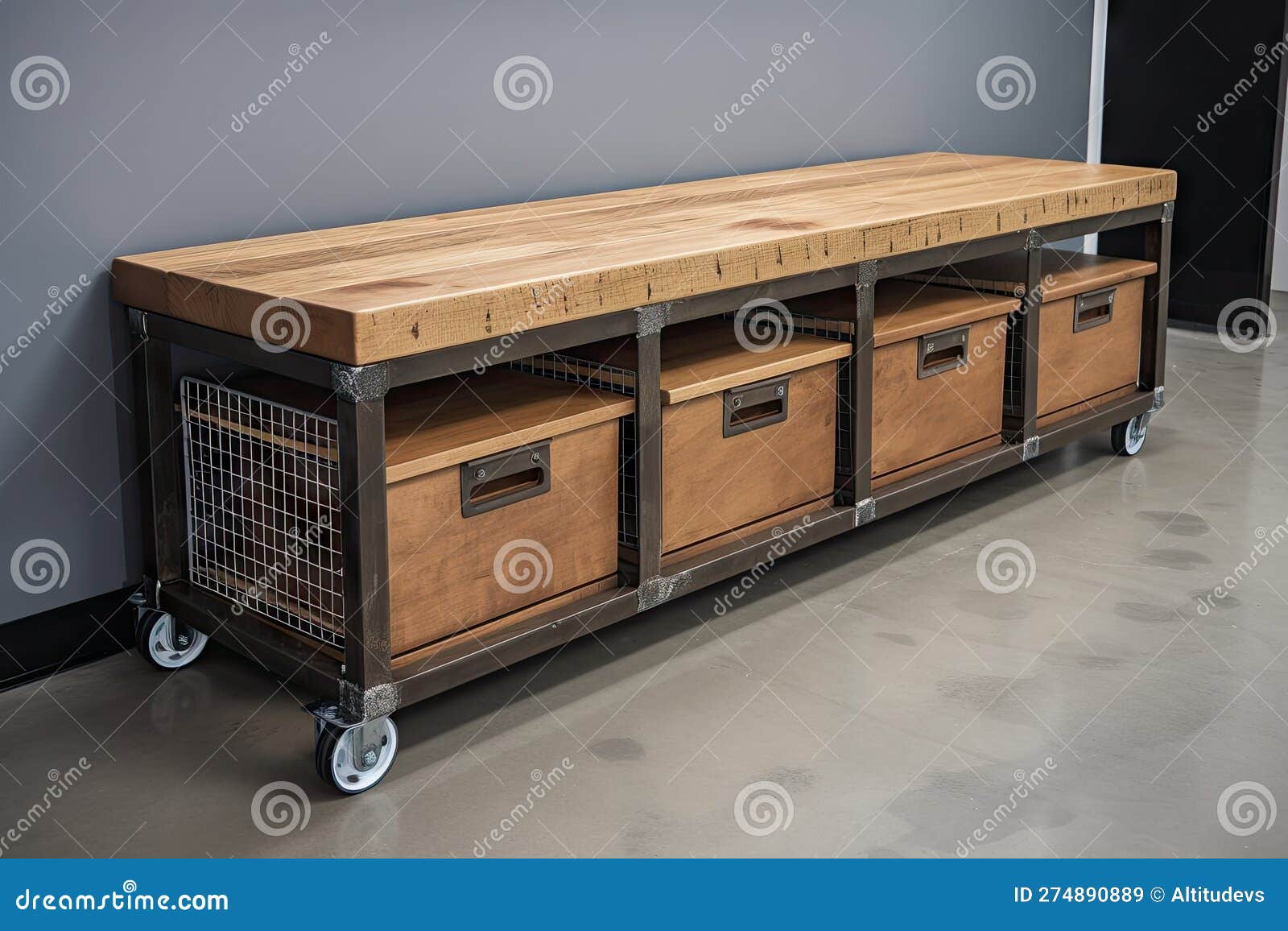 Industrial Bench, with Builtin Storage and Wheels for Easy Mobility