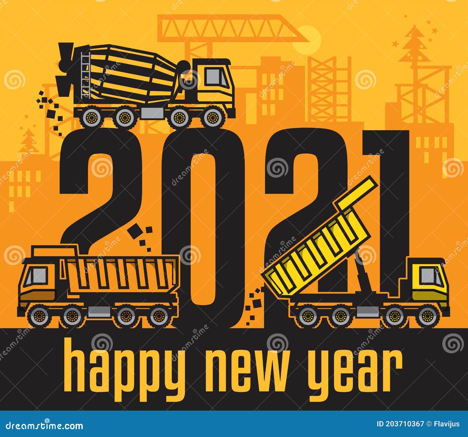 Construction Machinery, Happy New Year Card Stock Vector Illustration