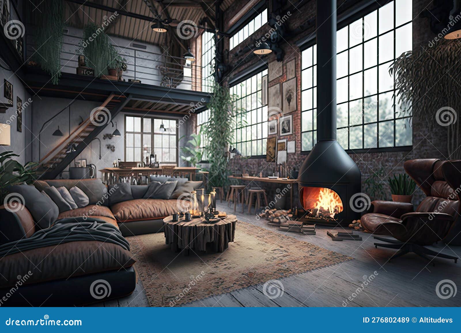 Industrial Home with Cozy Lounge Area and Fireplace Stock Illustration