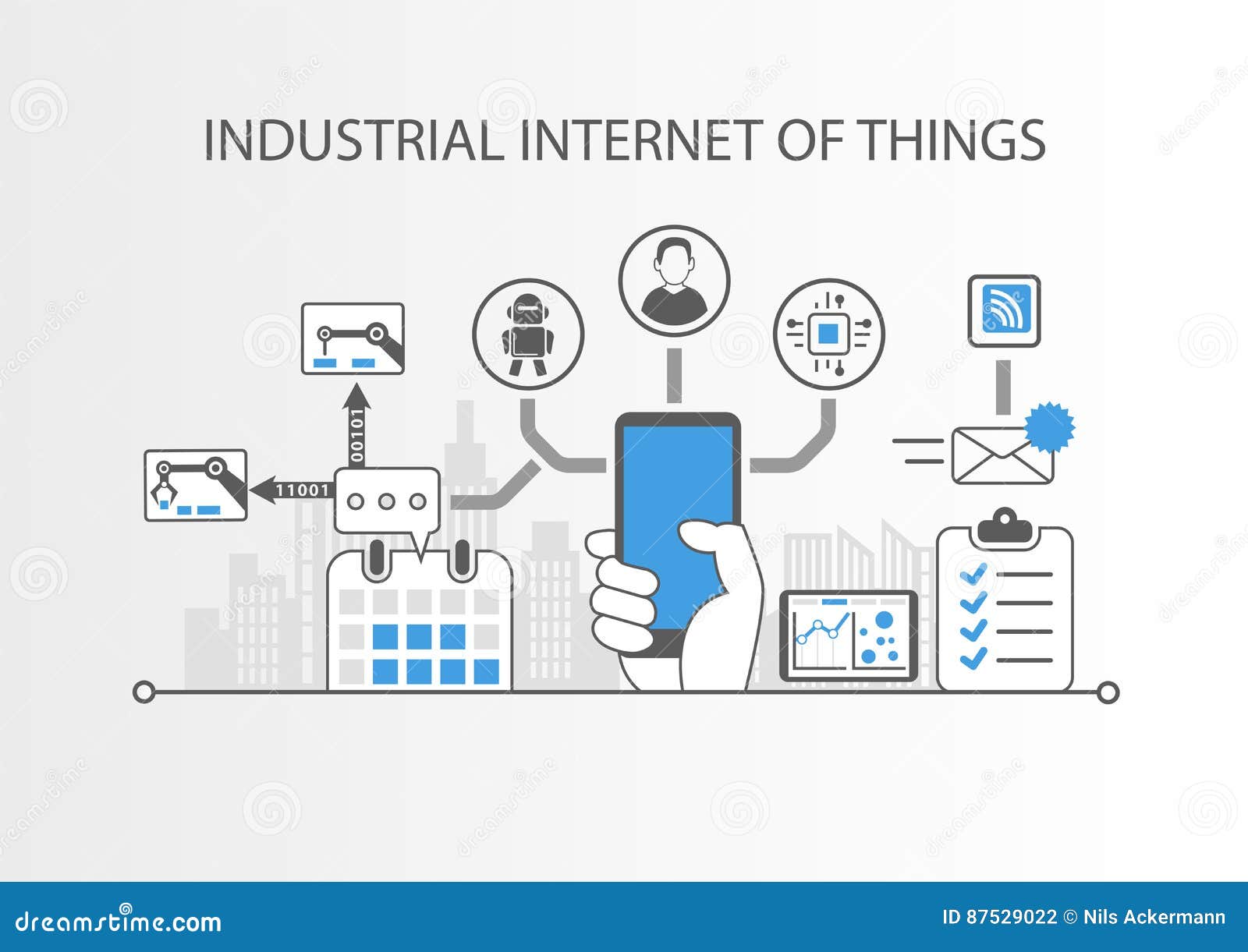 industrial internet of things or industry 4.0 concept with simple icons on grey background