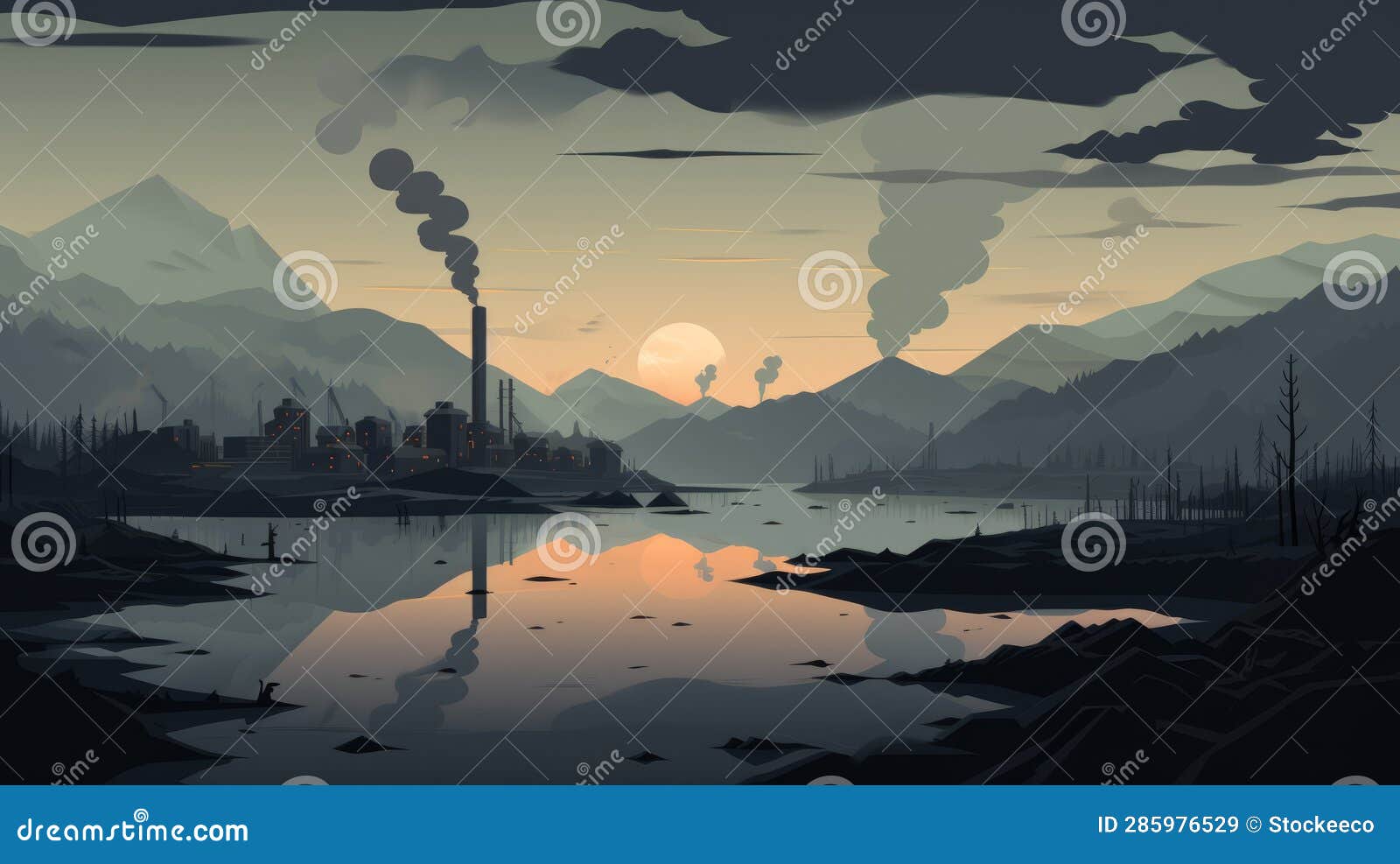 industrial landscape with smoke: a romantic whistlerian riverscape in flat shading