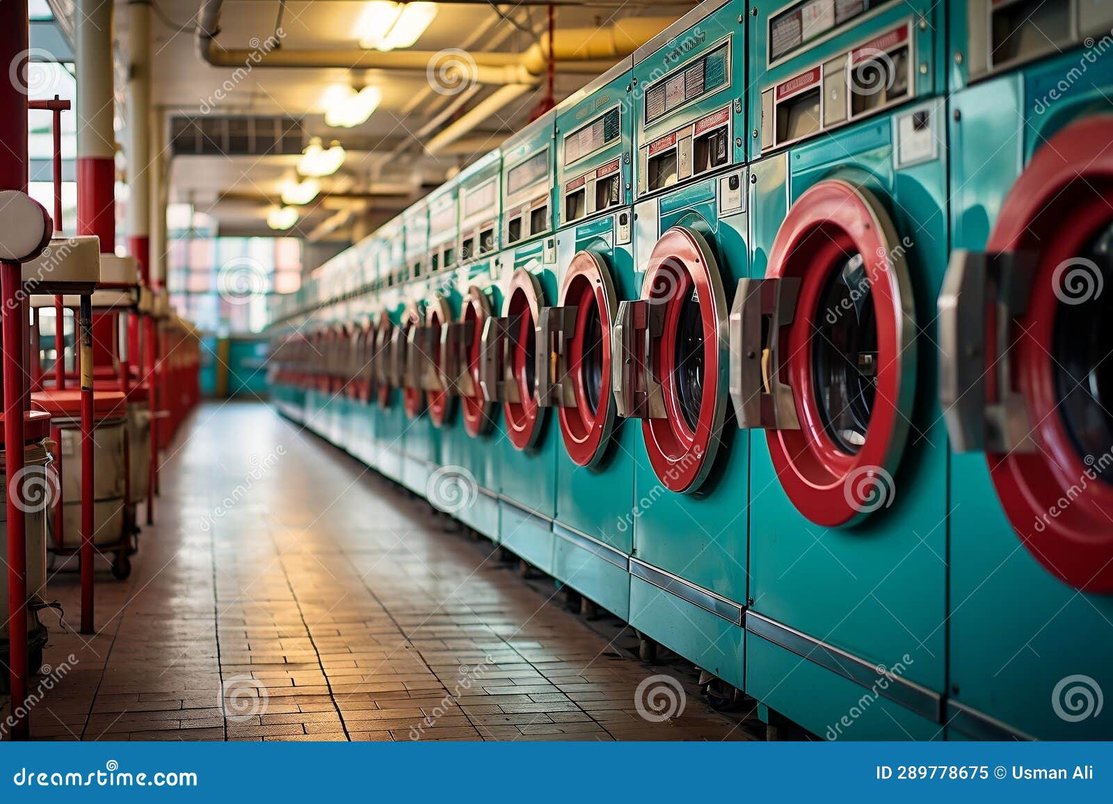 Industrial Laundromat a Row of Public Laundry Machines. AI Stock Image