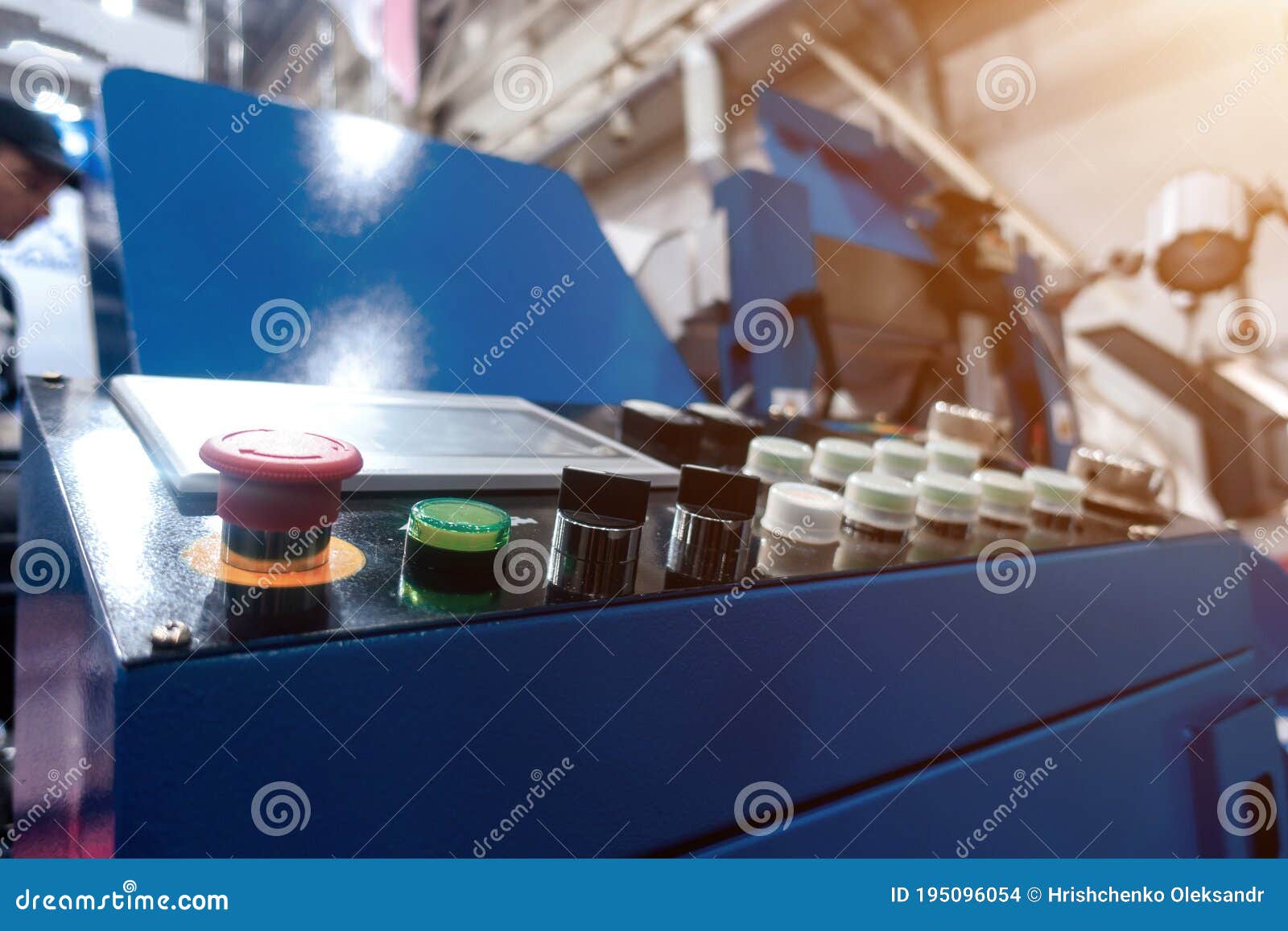 Industrial Machine Control Panel with Red Button. Shallow Depth of