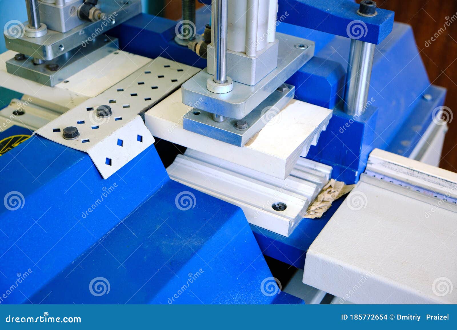 Industrial Machine for Cutting Plastic Profiles in White and Blue Color