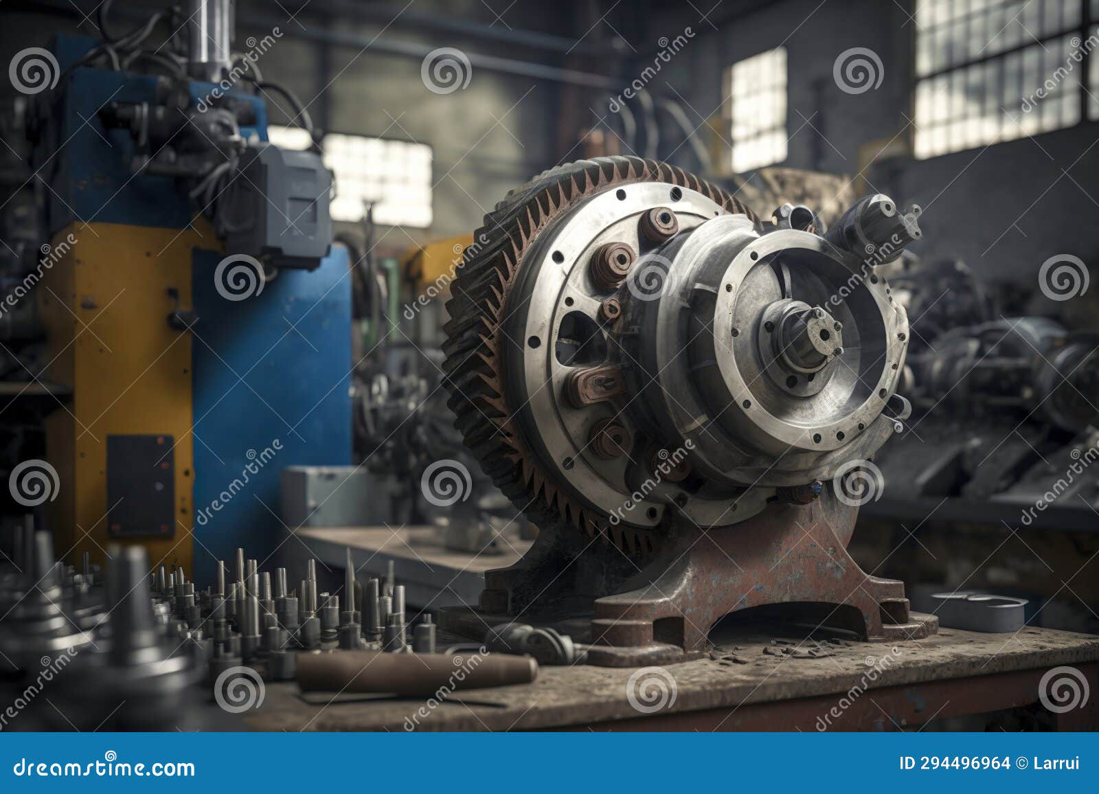 Industrial Machine Shop Large Gear Assembly on Workbench, Ai