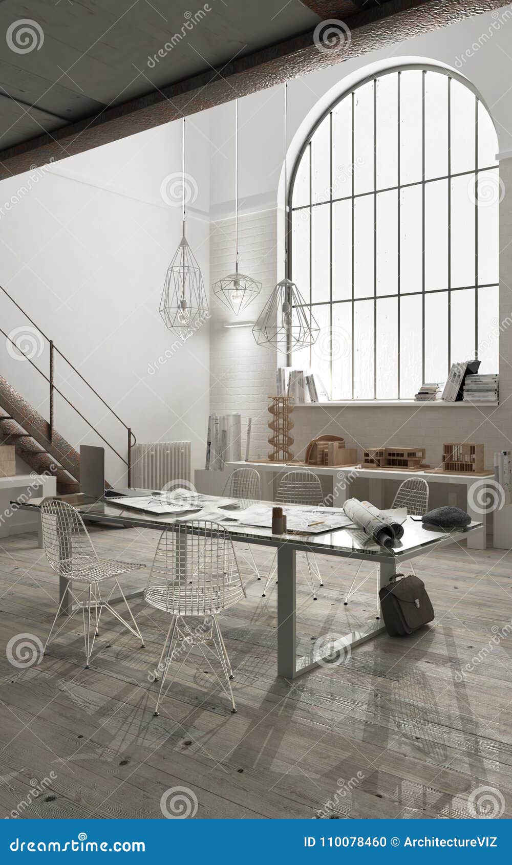 Industrial Office With Big Window Open Space Loft Interior