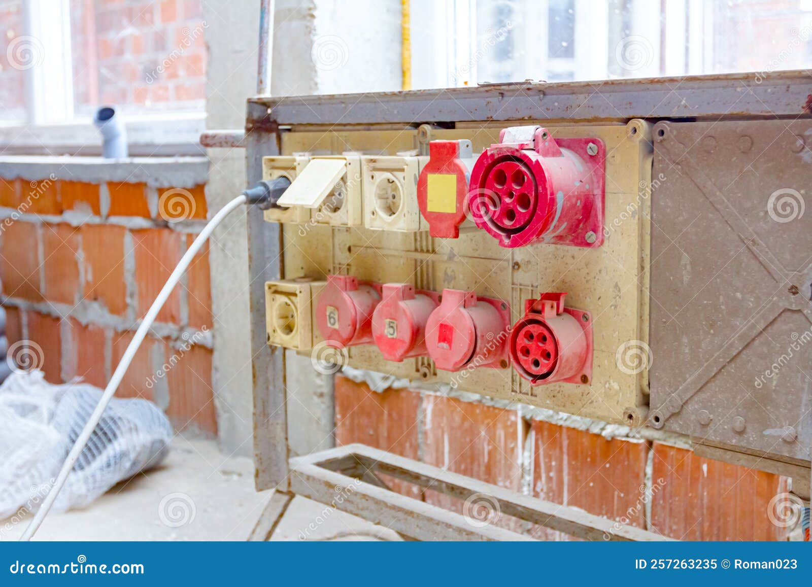 Industrial Power Outlets, Electric Plug at the Construction Site Stock