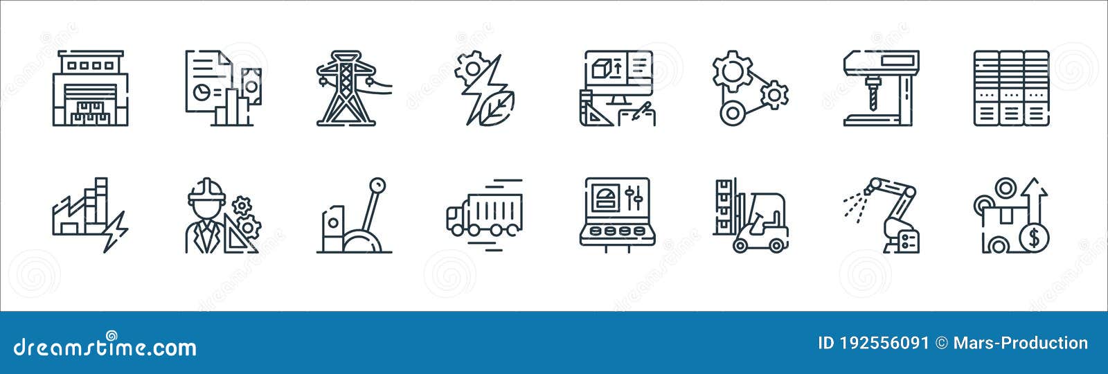 industrial process line icons. linear set. quality  line set such as box, forklift, delivery truck, factory, drilling