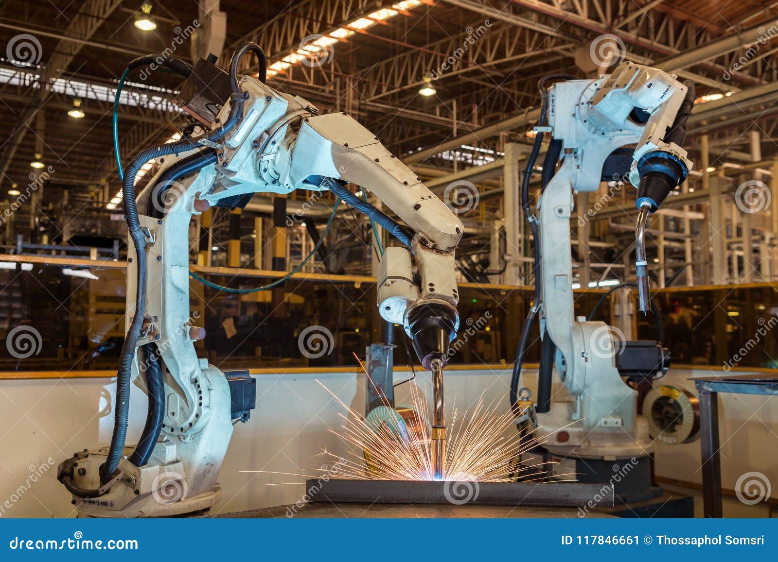 industrial robot is welding assembly automotive part in factory