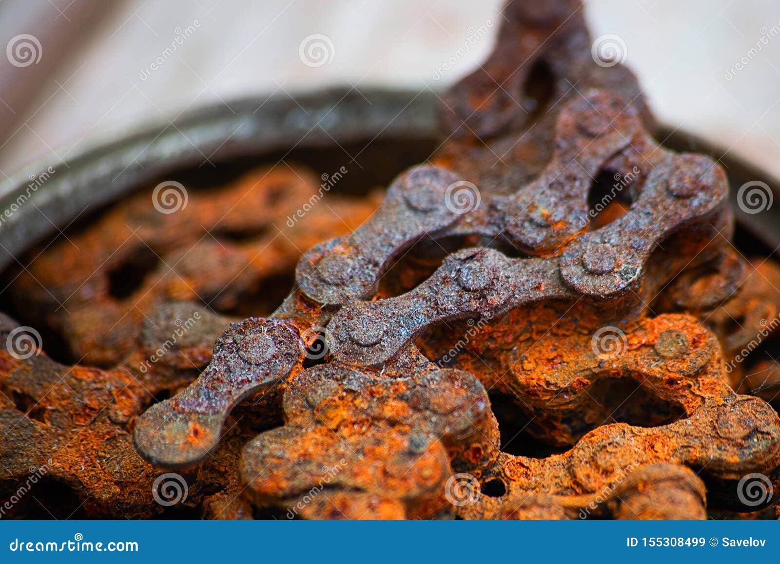 industrial roller chain with corrosion, soft focus