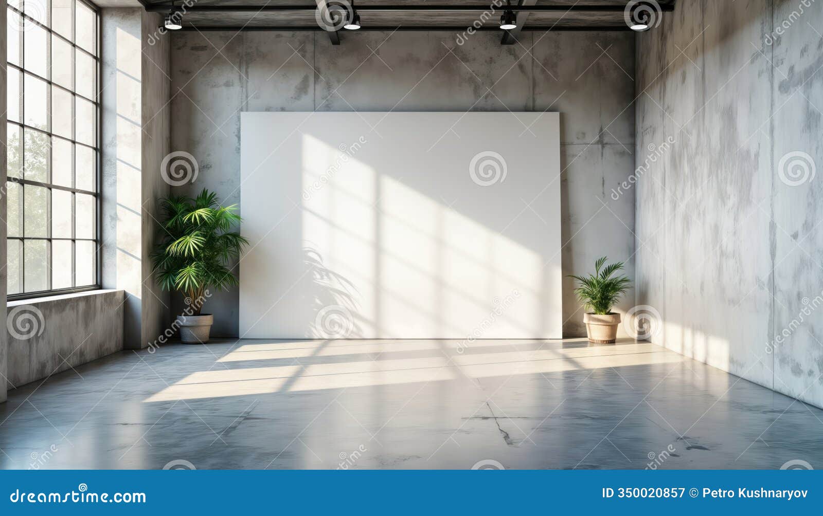 industrial style gallery space blank canvas in bright sunlit interior. large windows cast shadows on concrete floor, walls.