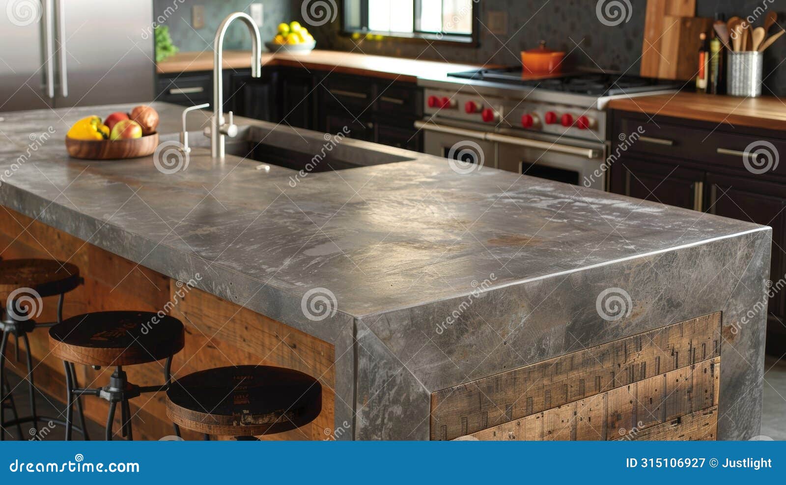 in a industrial style kitchen a large island with a stonelook lvt countertop serves as the focal point. the lvt not only