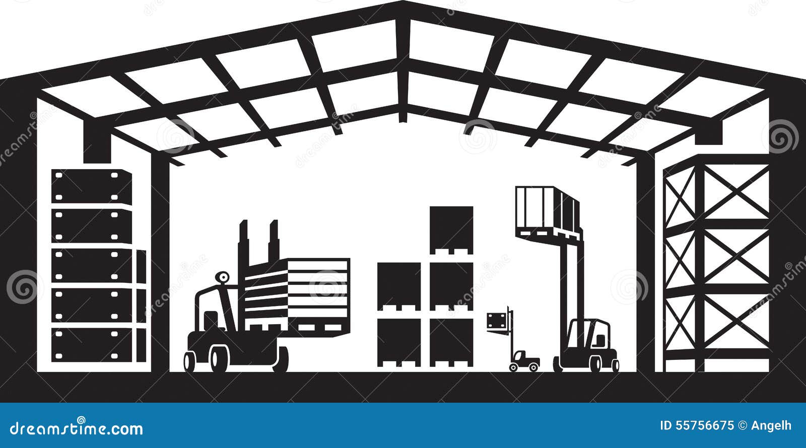 Industrial warehouse scene stock vector. Illustration of stillage