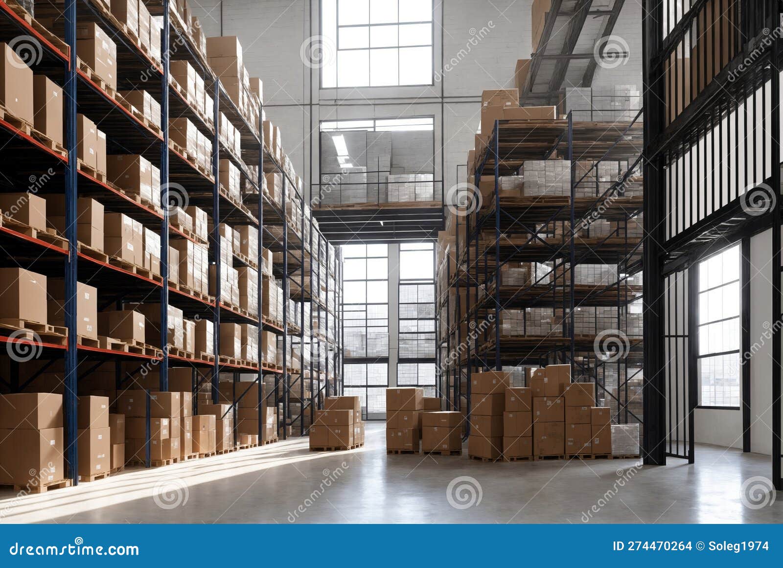 Industrial Warehouse, Shelving with Boxes. Generative AI Stock