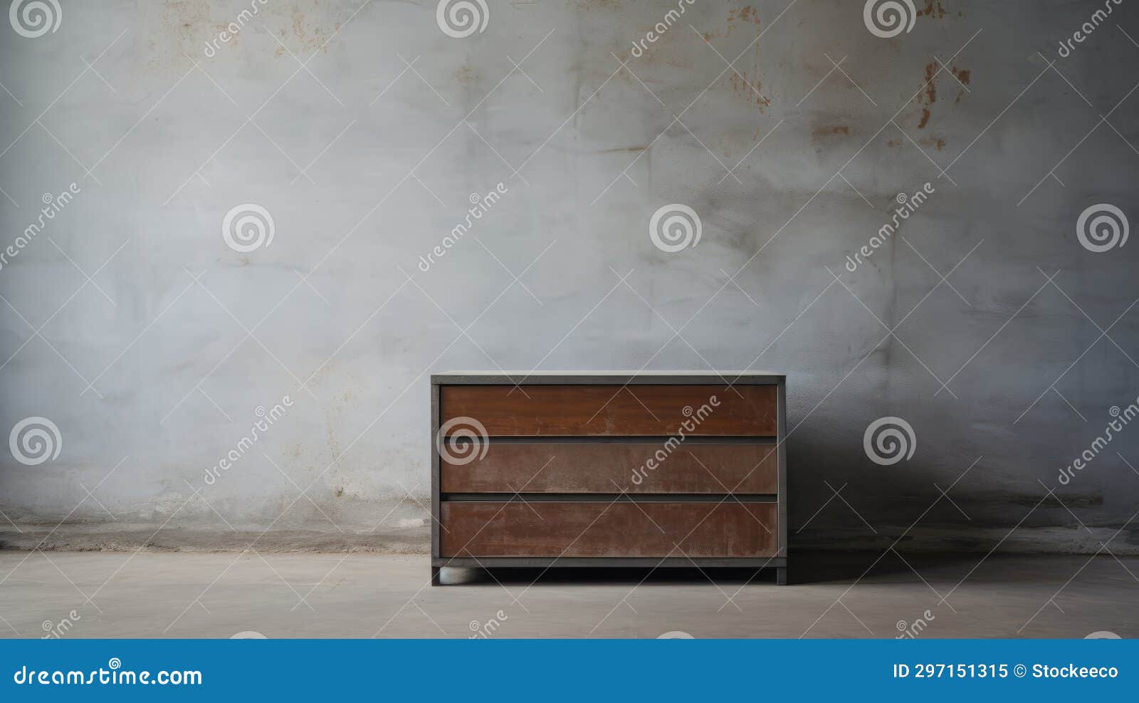 minimalist drawer dresser in empty concrete environment